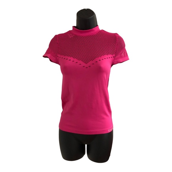 Bebe hot pink mesh rhinestone bebe logo scuba fit stretch active top size XS/S - Picture 2 of 14